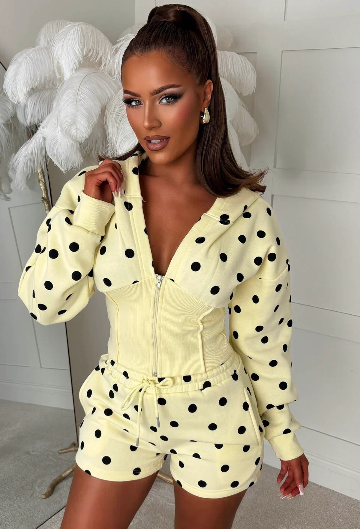 Signature Moment Yellow Polka Dot Zipped Hoodie And Shorts Lounge Co-Ord Set