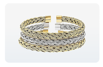18K Yellow Gold Over Stainless Steel 6.7mm Two-Tone Woven Cuff Bracelet Set of 3