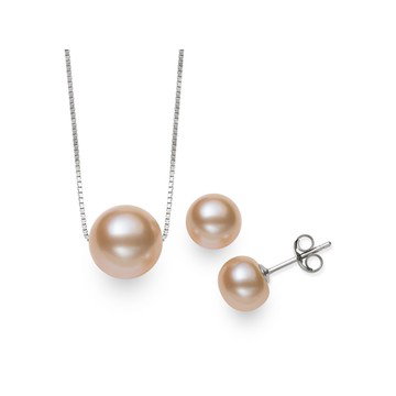 Peach Cultured Freshwater Pearl Rhodium Over Sterling Silver Necklace and Earring Set
