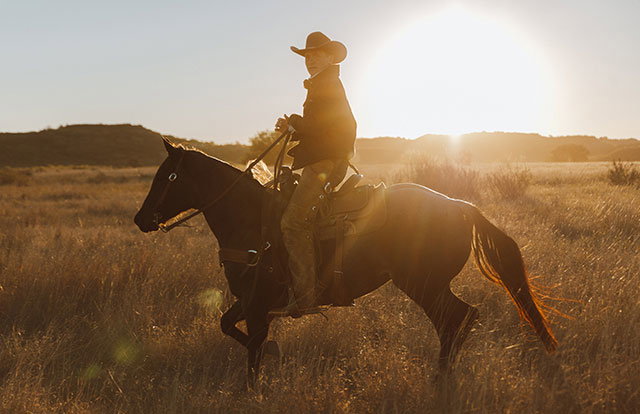 A man on a horse in front of a sunset.