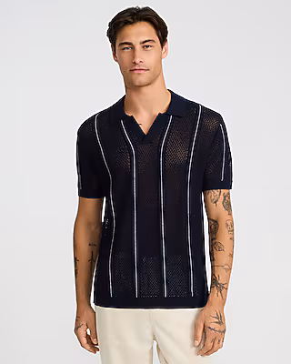 Striped Cotton Open Knit Johnny Collar Sweater Polo