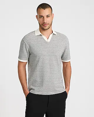 Classic Fit Textured Striped Cotton Johnny Collar Polo