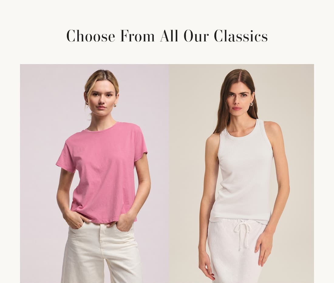 Image shows a model wearing the Tia Top in Sherbert, image shows a model wearing the Cruz Top in White, image shows a model wearing the Amaro Top in White, and image shows a model wearing the Samsen Top in Ice.