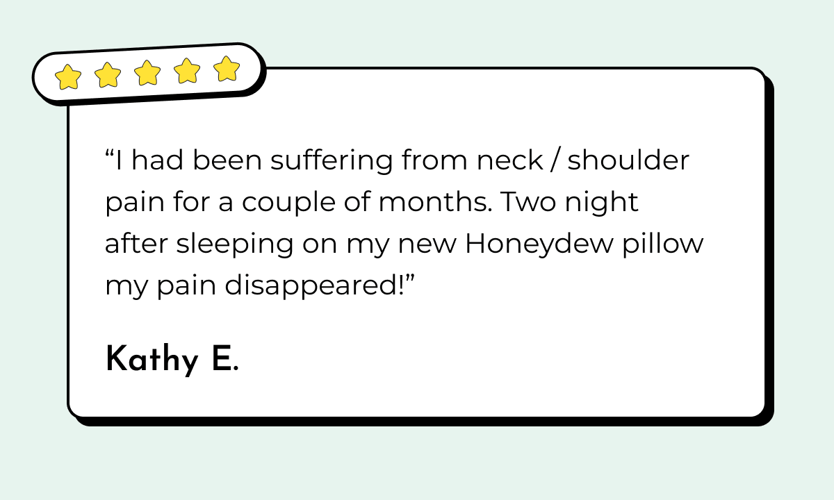 "I had been suffering from neck / shoulder pain for a couple of months. Two night after sleeping on my new Honeydew pillow my pain disappeared!" Kathy E
