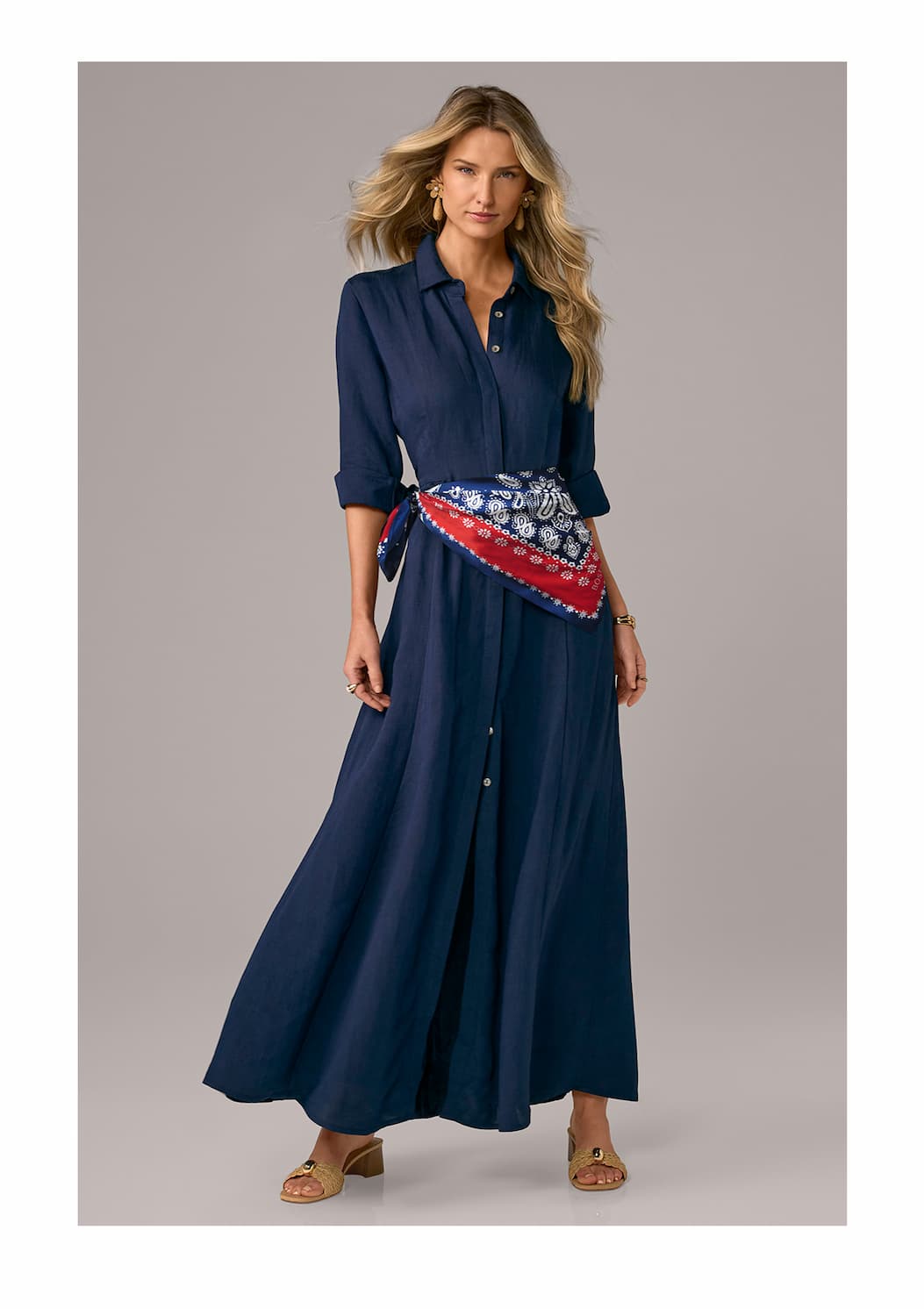 Linen Three Quarter Sleeve Maxi Shirt Dress