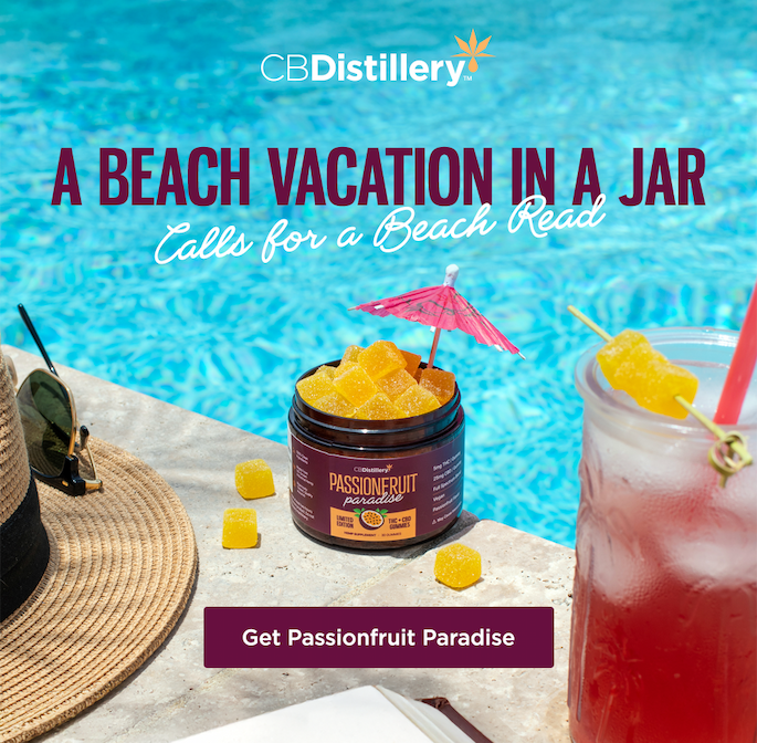 A Beach Vacation in a Jar Calls for a Beach Read. Get Passionfruit Paradise [a photo shows the new Passionfruit Paradise THC + CBD gummies sitting next to a pool with bright blue water, with a cocktail umbrella tucked inside the jar of gummies.]