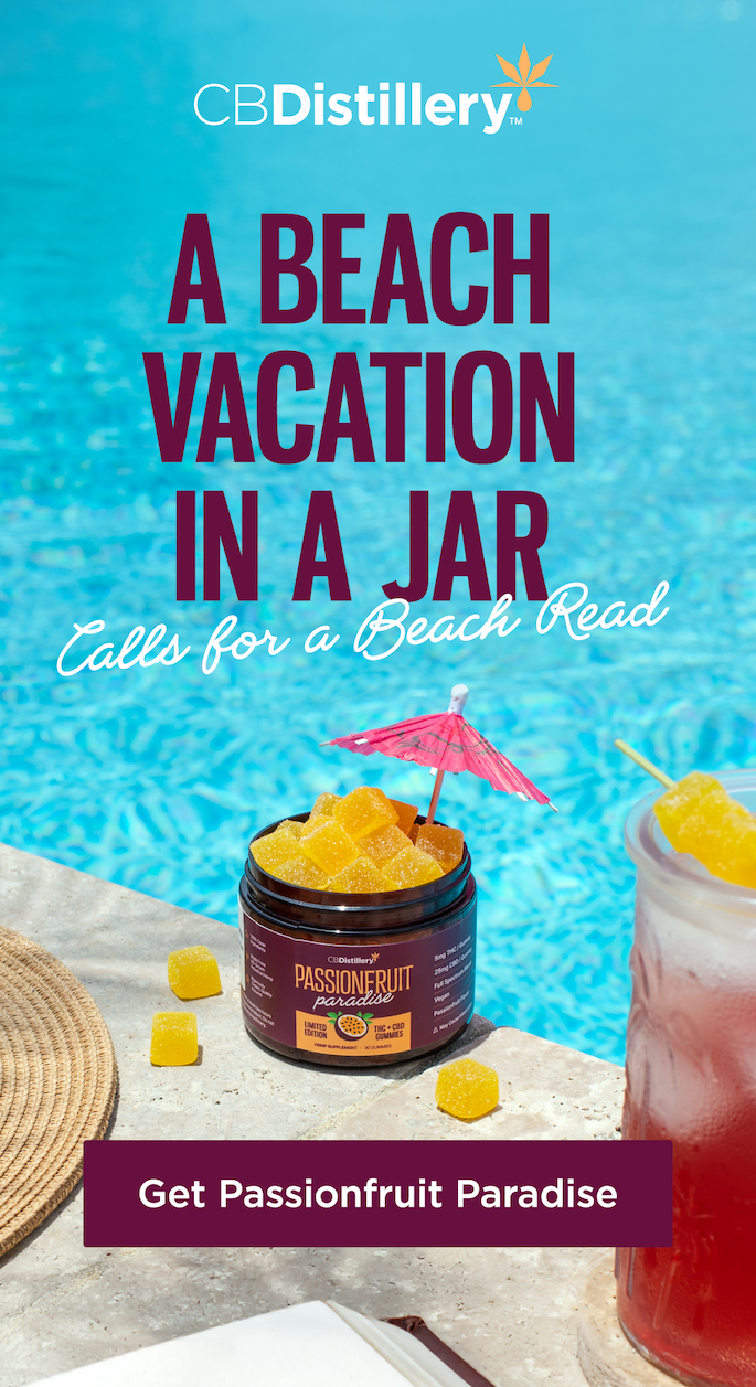 A Beach Vacation in a Jar Calls for a Beach Read. Get Passionfruit Paradise [a photo shows the new Passionfruit Paradise THC + CBD gummies sitting next to a pool with bright blue water, with a cocktail umbrella tucked inside the jar of gummies.]
