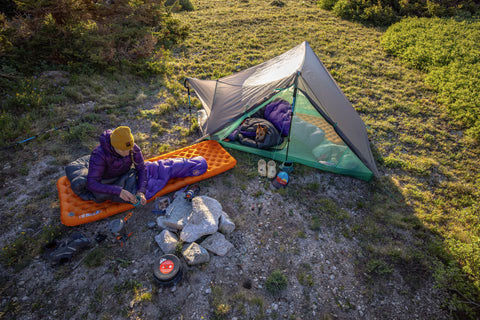 Big Agnes camping gear set up at a scenic mountain campsite