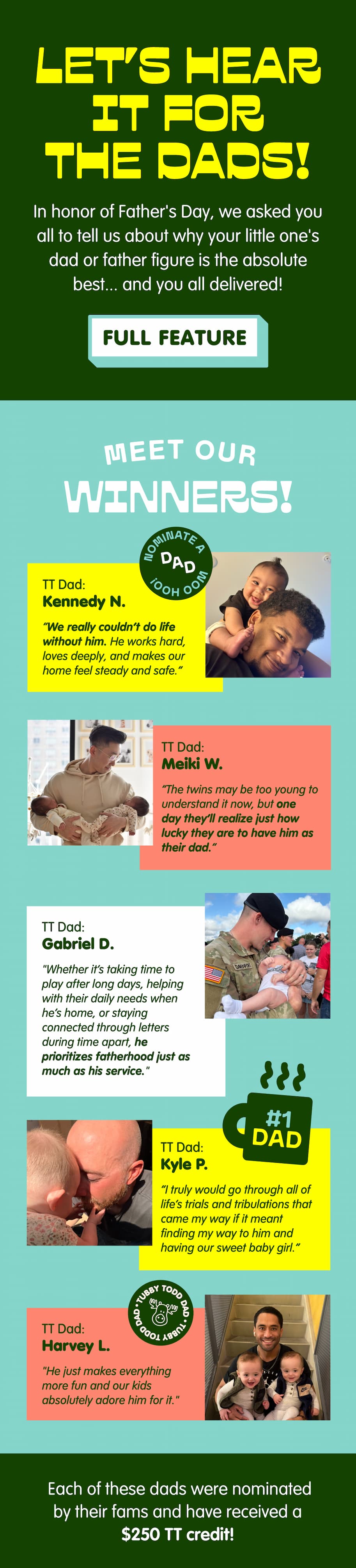 let's hear it for the dads! graphic showing short quotes from families who nominated the dads in their lives. click to read the blog post
