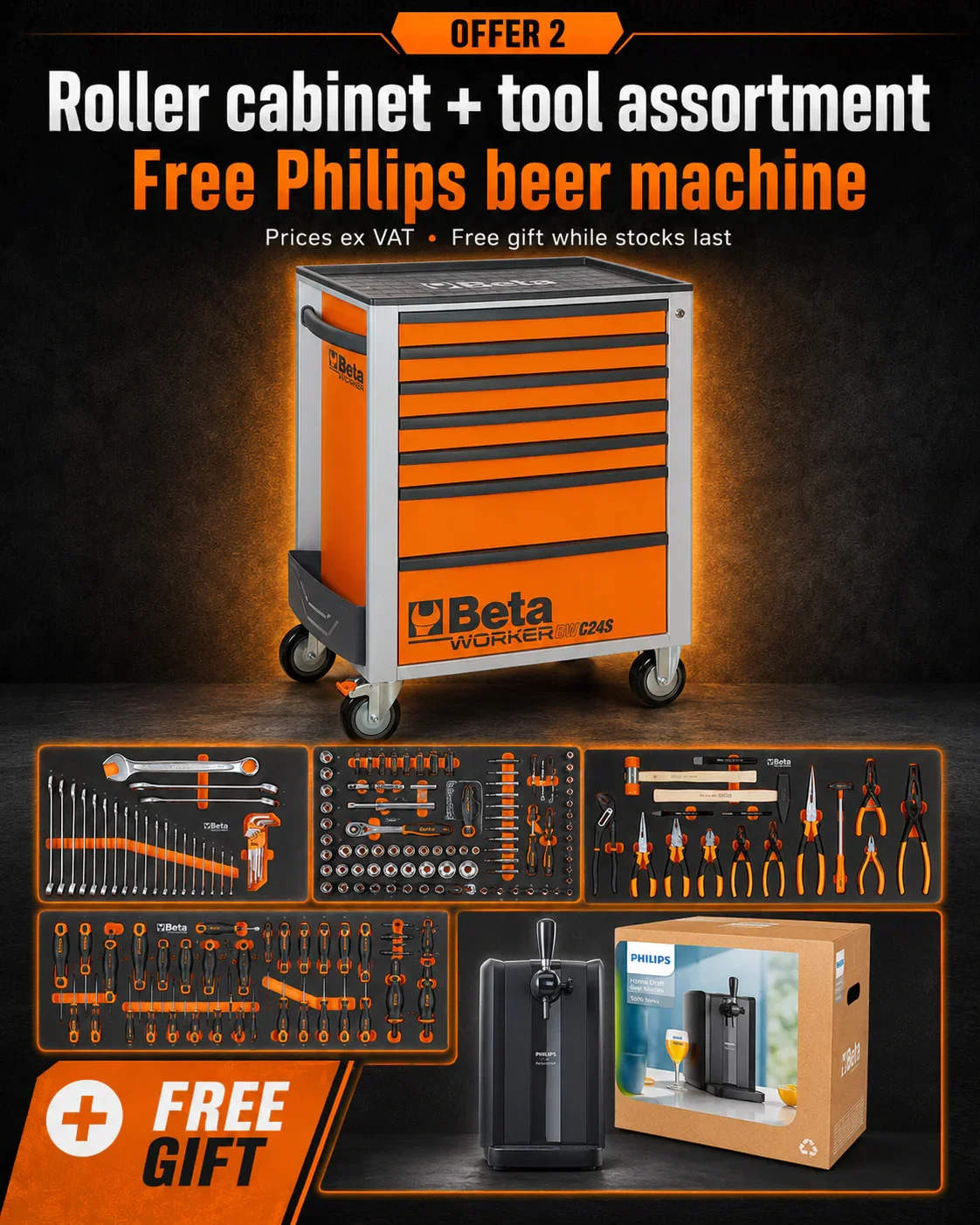 Beta BW 2400S roller cab with 309 tools and free Philips beer machine