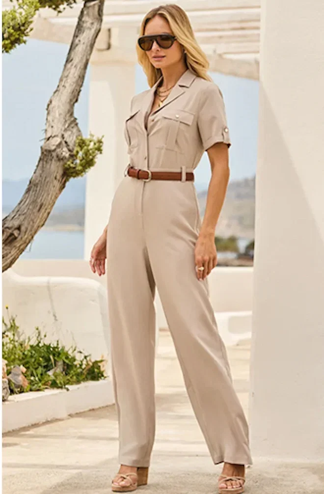 Stone Button Front Utility Jumpsuit
