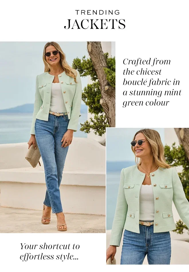 Mint Green Boucle Collarless Jacket With Gold Buttons