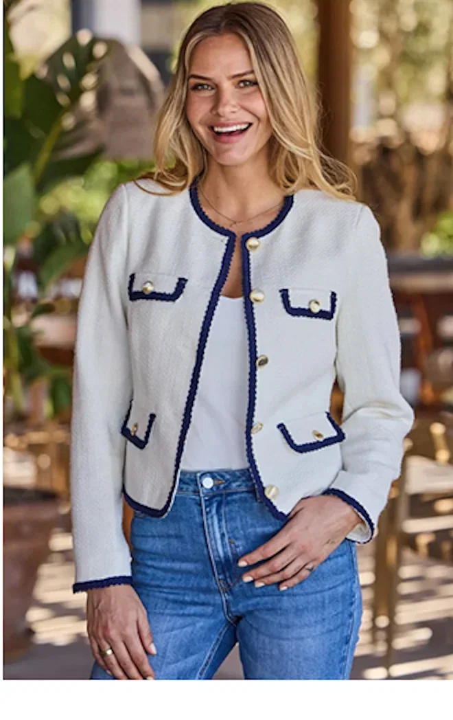 Ivory & Navy Blue Contrast Trim Boucle Jacket