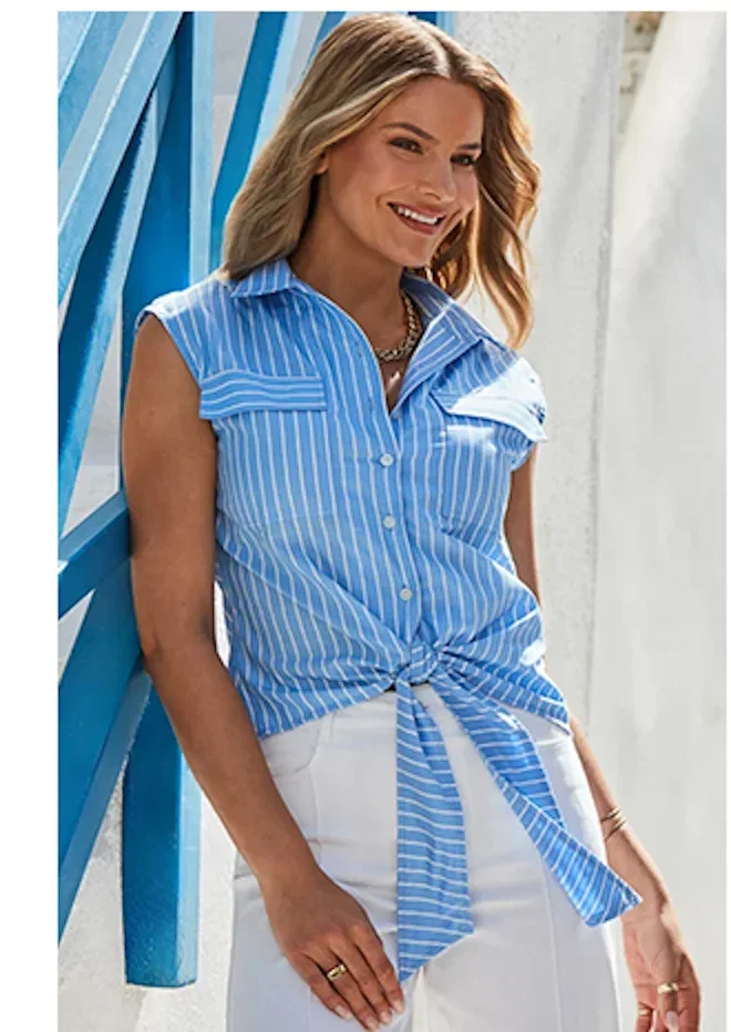 Blue Stripe Print Tie Front Cotton Shirt