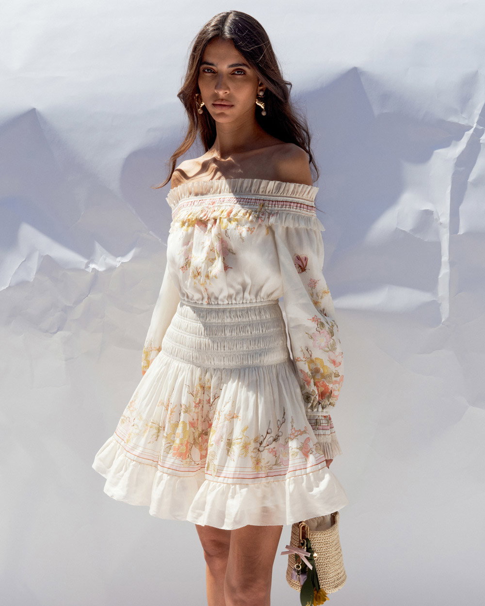 A picture of a woman wearing Cream Floral Organza Ruffle Mini Dress