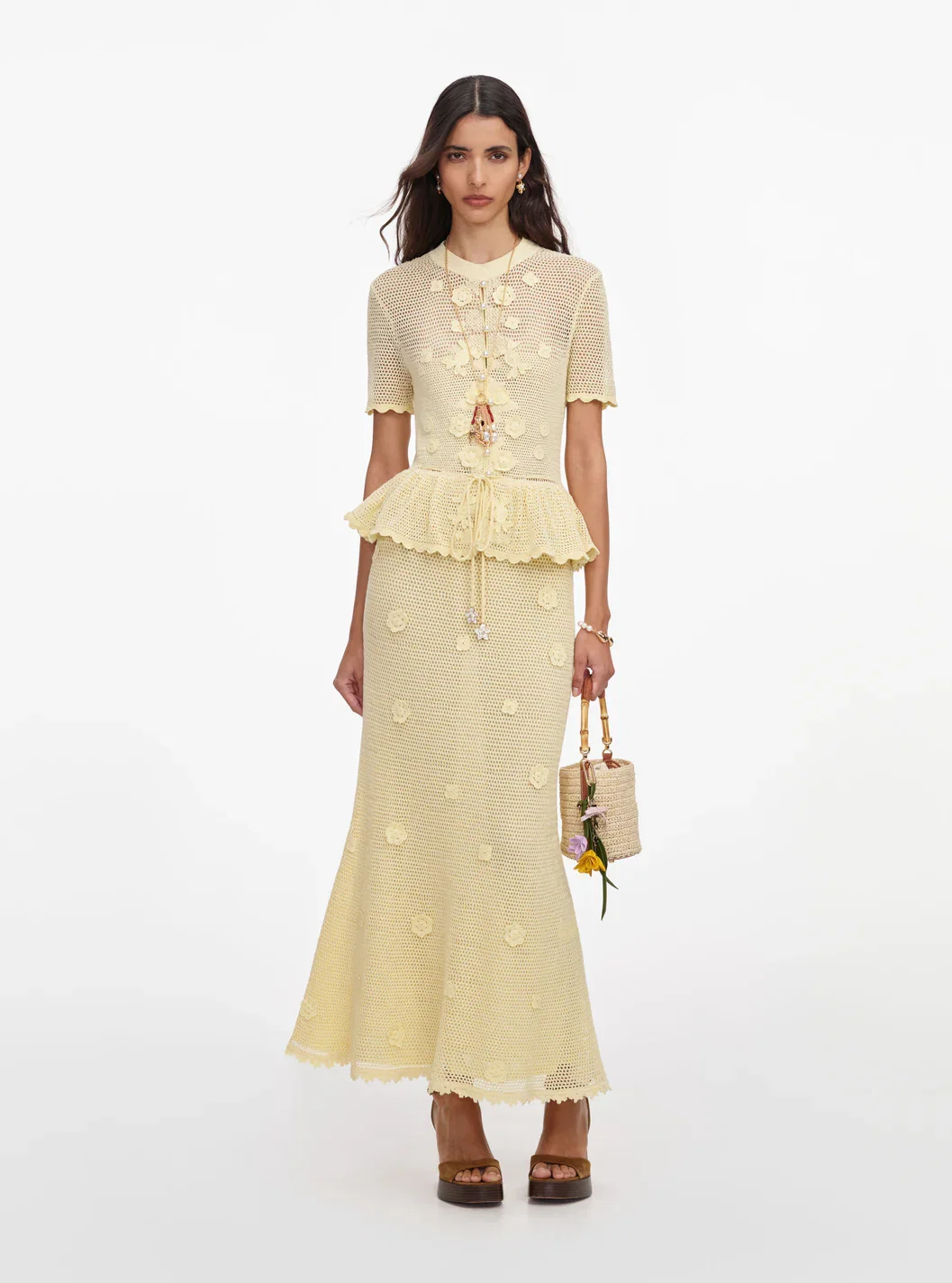 YELLOW FLORAL CROCHET MIDI DRESS