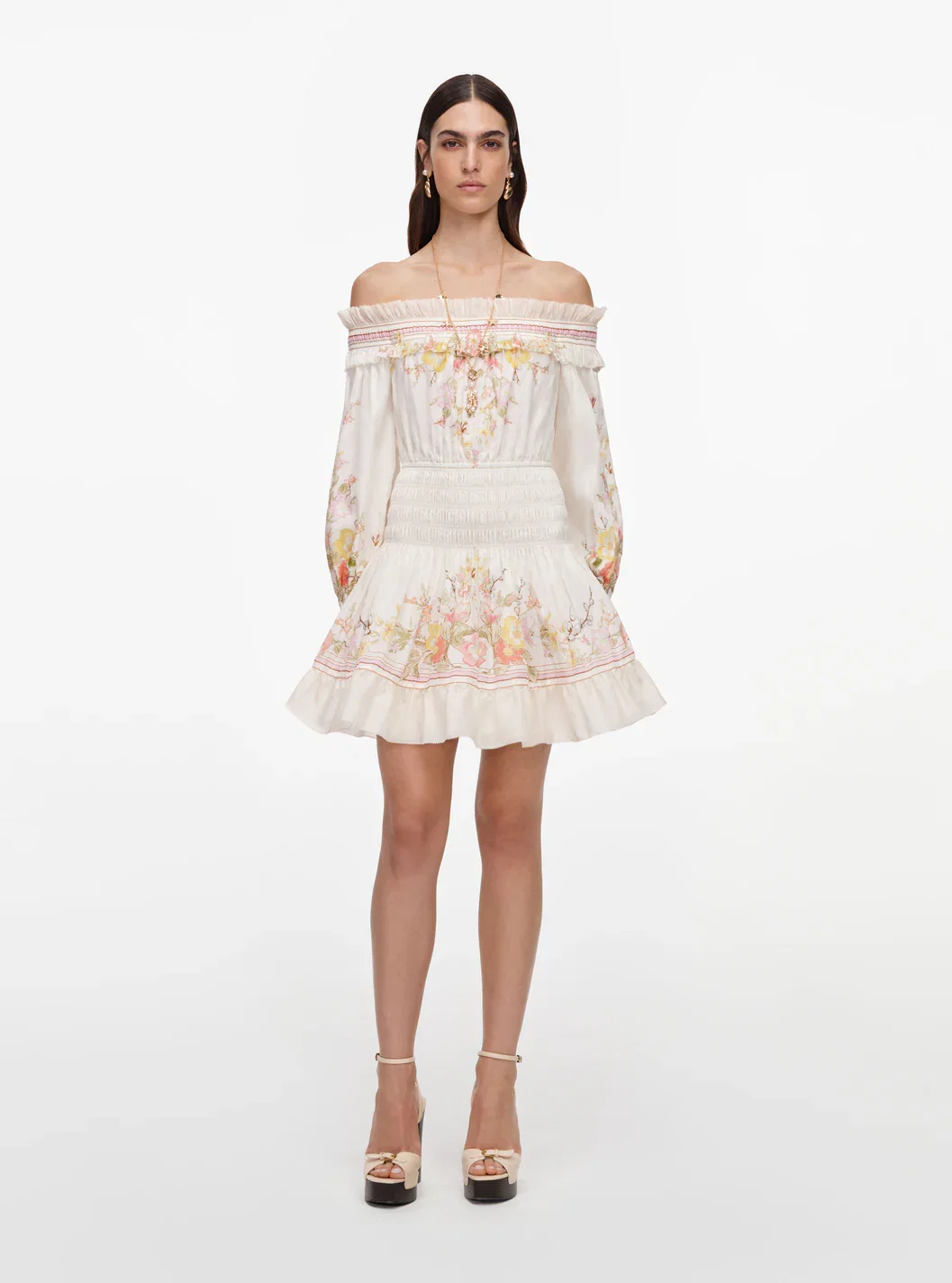 CREAM FLORAL ORGANZA RUFFLE MINI DRESS