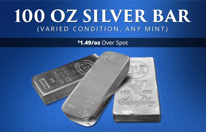 ON SALE: 100 oz Silver Bar (Varied Condition, Any Mint)