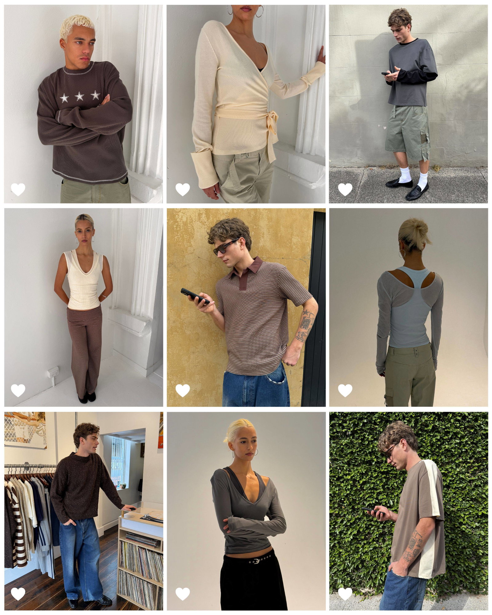 A grid of nine images featuring various individuals modeling clothing, with a white heart icon overlaid on the bottom left of six of the images. The t...