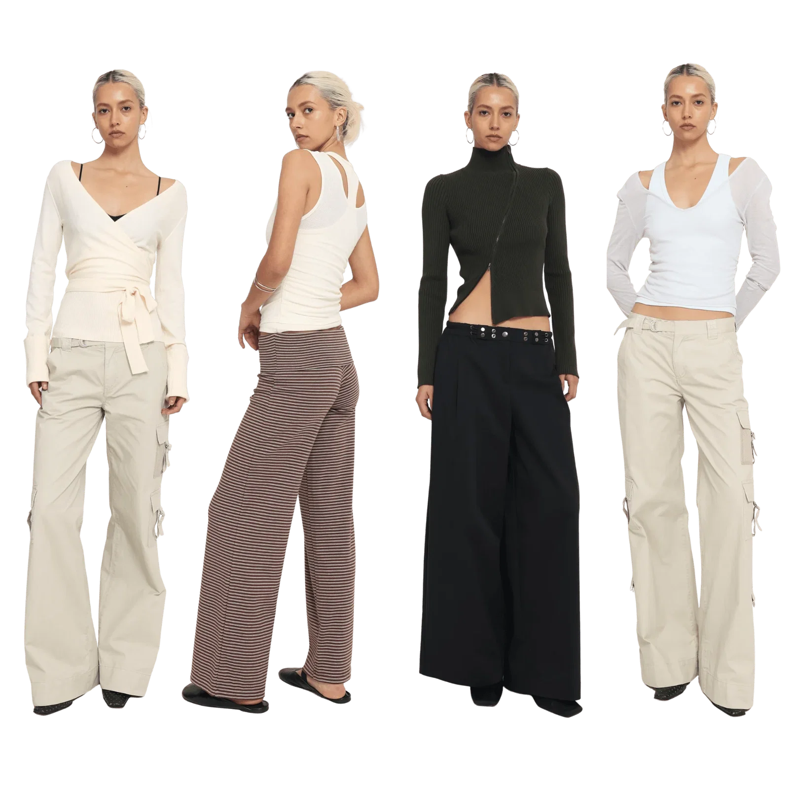 Four medium shots of a woman modeling different outfits against a white background, featuring a cream wrap sweater with beige cargo pants, a white rib...