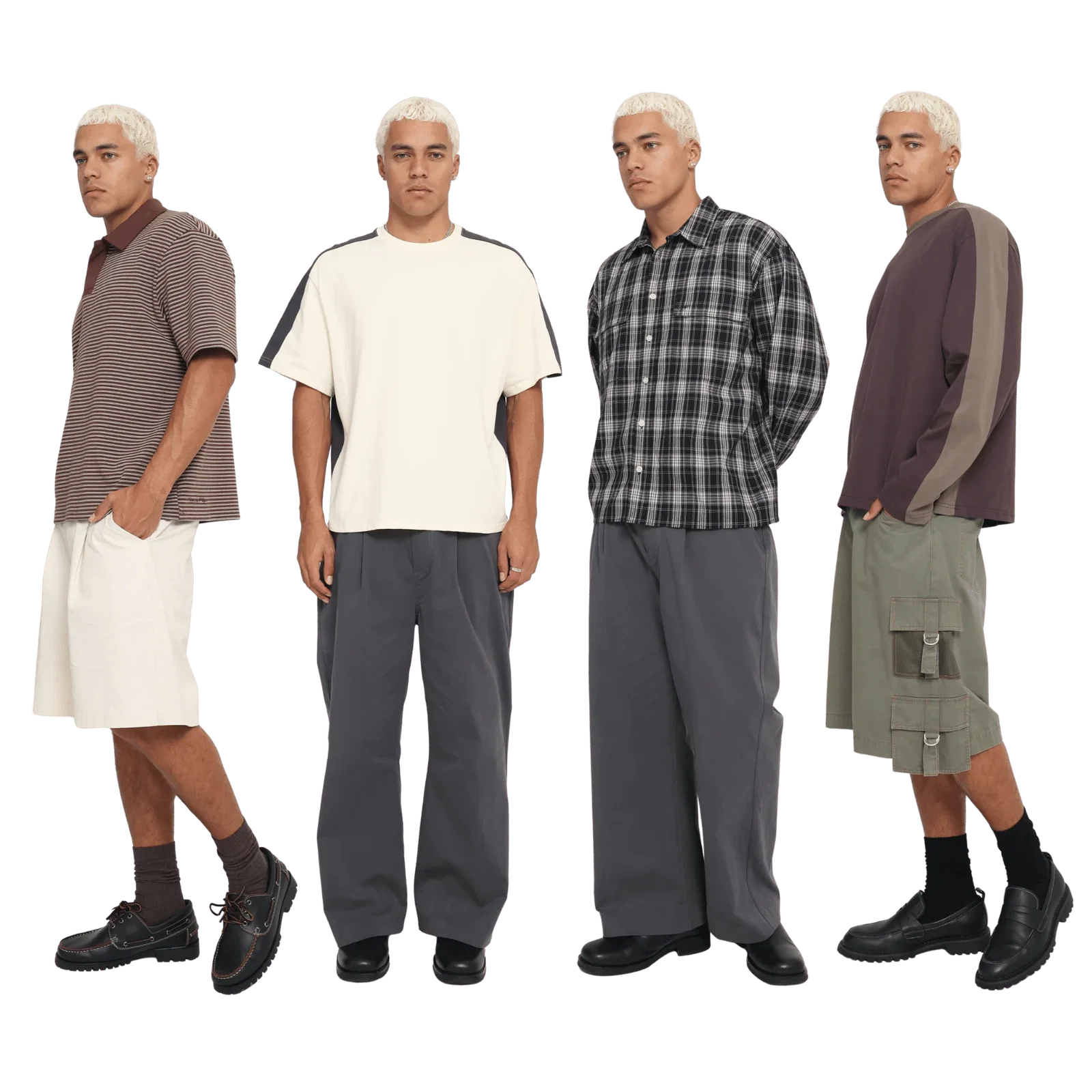 Four medium shots of a man with bleached blonde hair, each showing a different outfit against a white background: first, a brown and white striped pol...