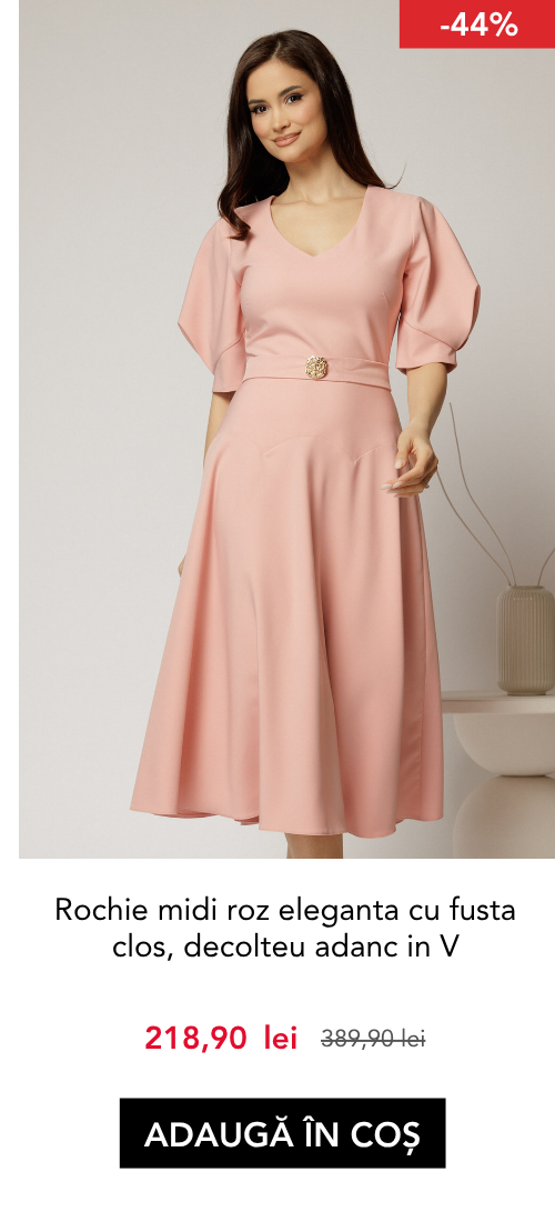 Rochie midi roz eleganta cu fusta clos, decolteu adanc in V si maneci bufante