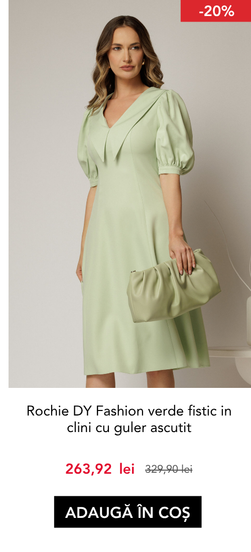 Rochie DY Fashion verde fistic in clini cu guler ascutit si maneci scurte bufante