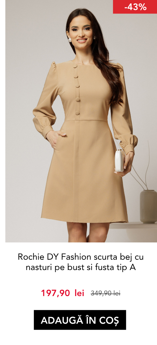Rochie DY Fashion scurta bej cu nasturi pe bust si fusta tip A