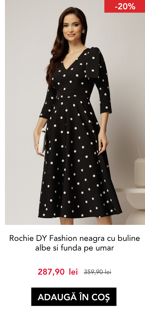 Rochie DY Fashion neagra cu buline albe si funda pe umar