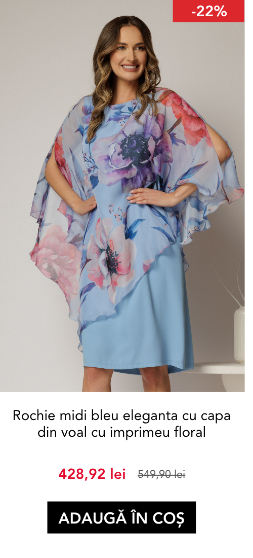 Rochie midi bleu eleganta cu capa din voal cu imprimeu floral