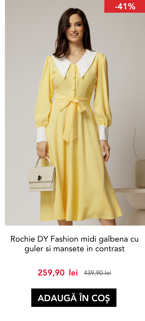 Rochie DY Fashion midi galbena cu guler si mansete in contrast