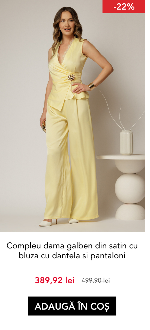 Compleu dama galben din satin cu bluza cu dantela la decolteu si pantaloni