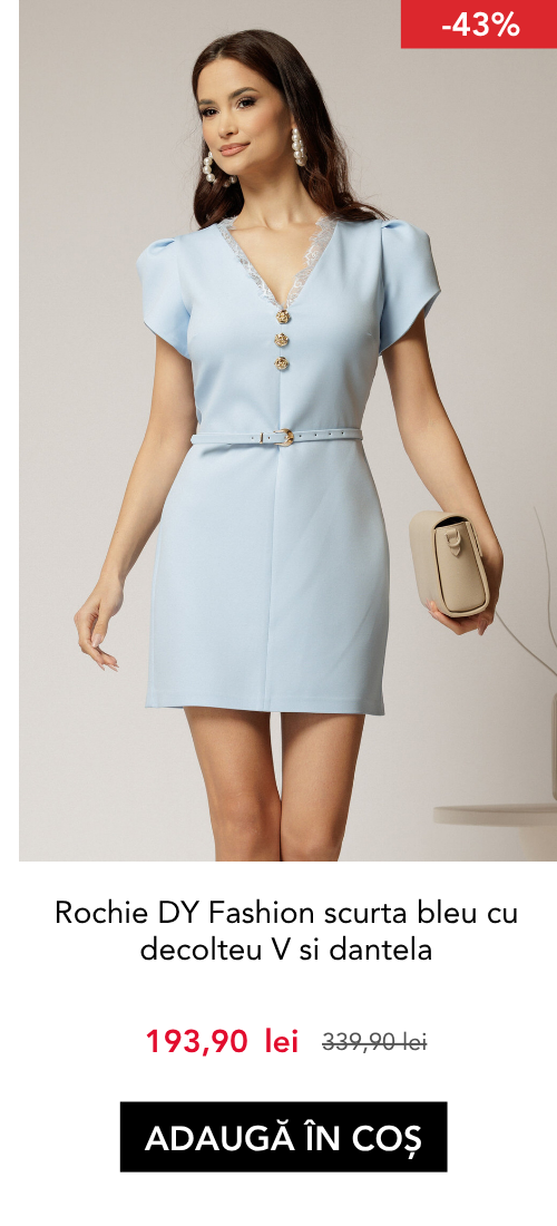 Rochie DY Fashion scurta bleu cu decolteu V si dantela