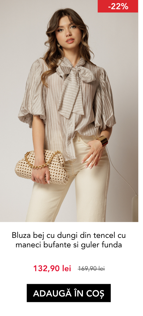 Bluza bej cu dungi din tencel cu maneci bufante si guler funda