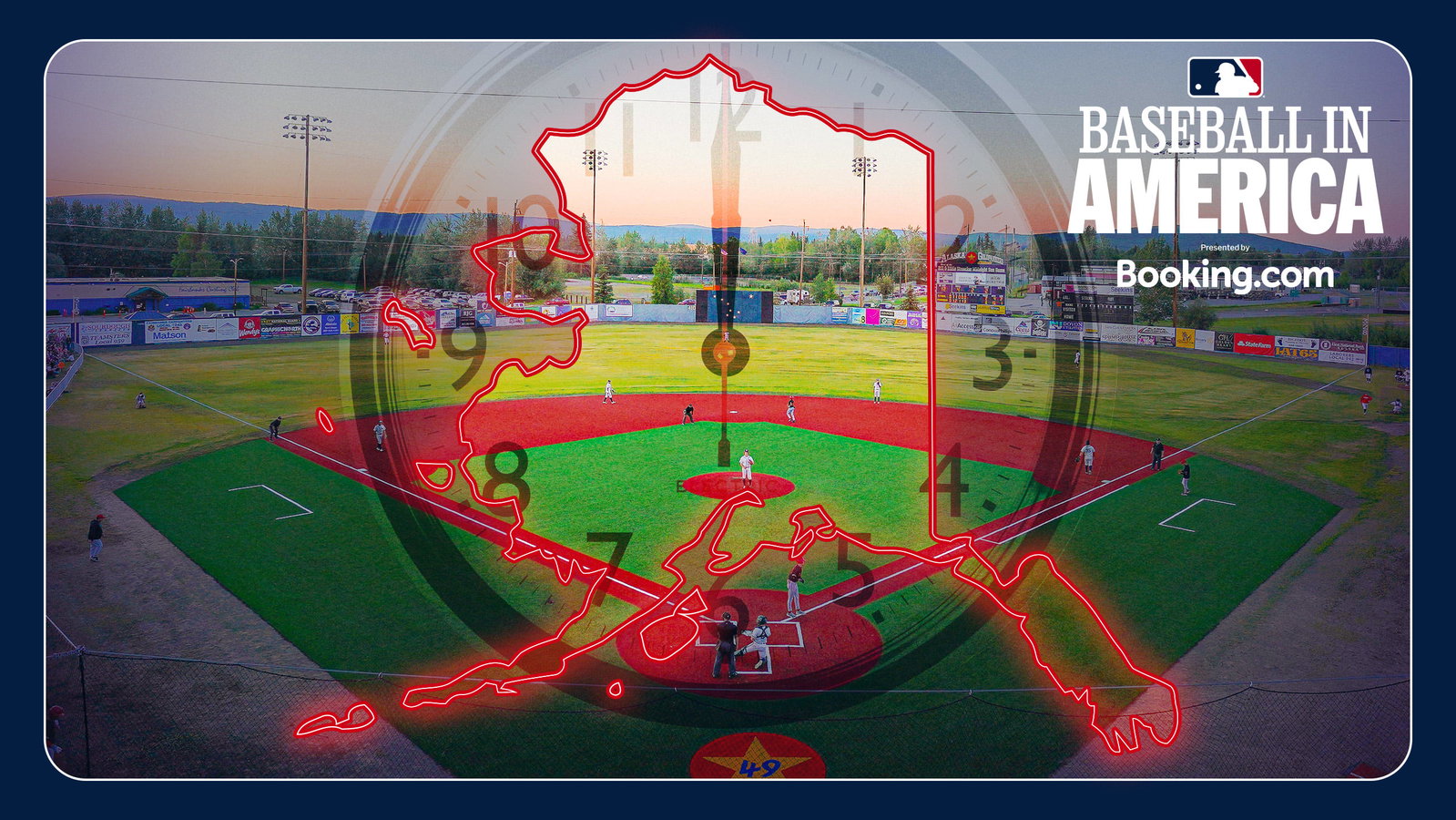 A graphic with a baseball field and an image of Alaska and a midnight clock overlayed