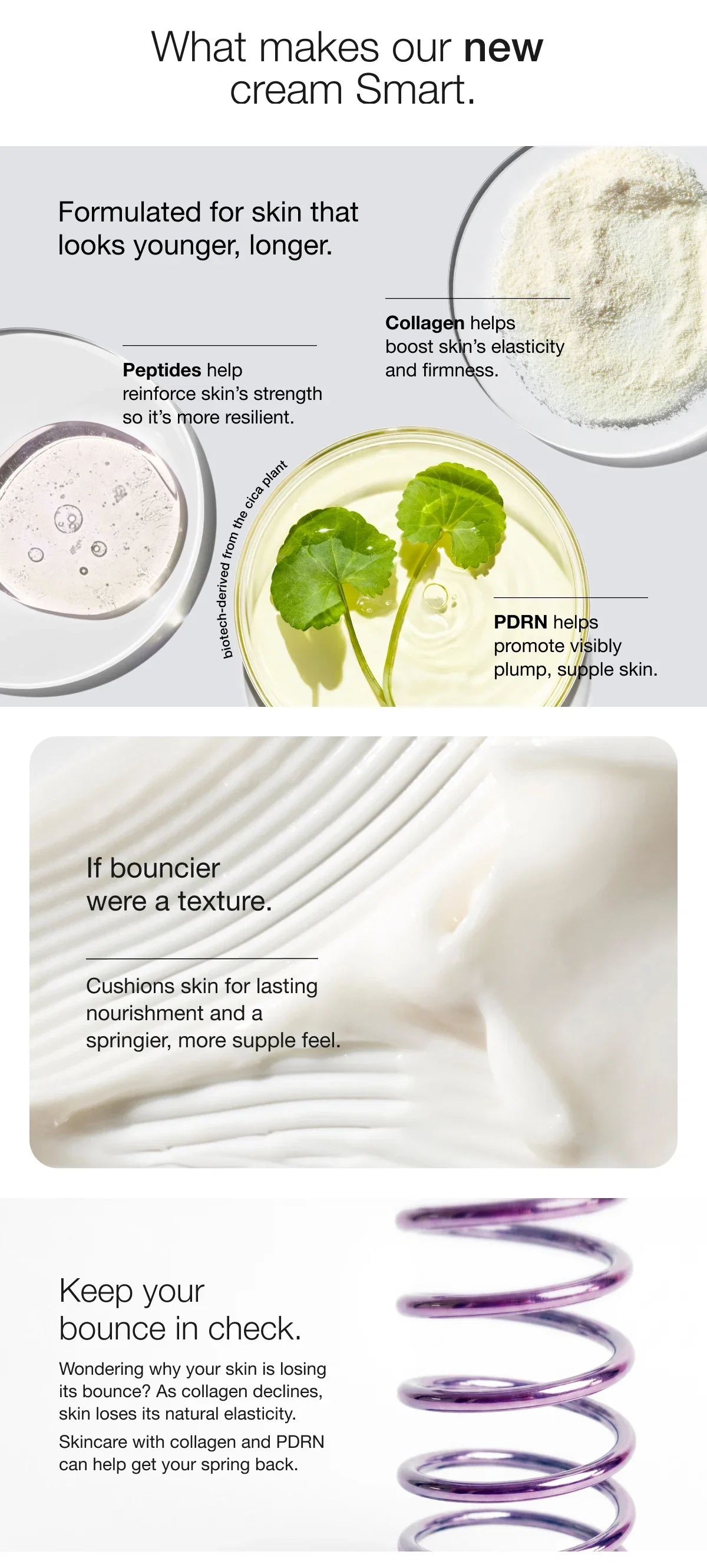 What makes our new cream Smart. | Formulated for skin that looks younger, longer. | Collagen helps boost skin’s elasticity and firmness. | Peptides help reinforce skin’s strength so it’s more resilient. | PDRN helps promote visibly plump, supple skin. | If bouncier were a texture. | Cushions skin for lasting nourishment and a springier, more supple feel. | Keep your bounce in check. | Wondering why your skin is losing its bounce? As collagen declines, skin loses its natural elasticity. Skincare with collagen and PDRN can help get your spring back.