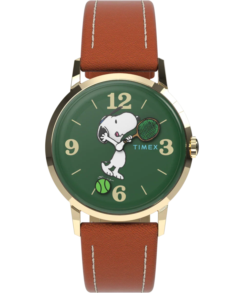 Image of Peanuts® x Timex Marlin® Hand-Wound Snoopy Tennis 34mm Leather Strap Watch