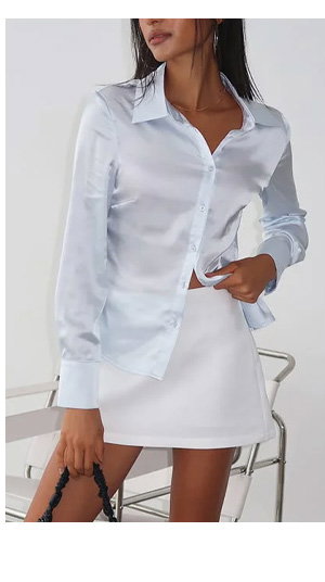 Blue Satin Shirt Collared Long Sleeve