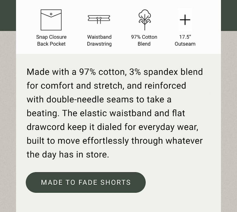 Explore Made To Fade Shorts Features