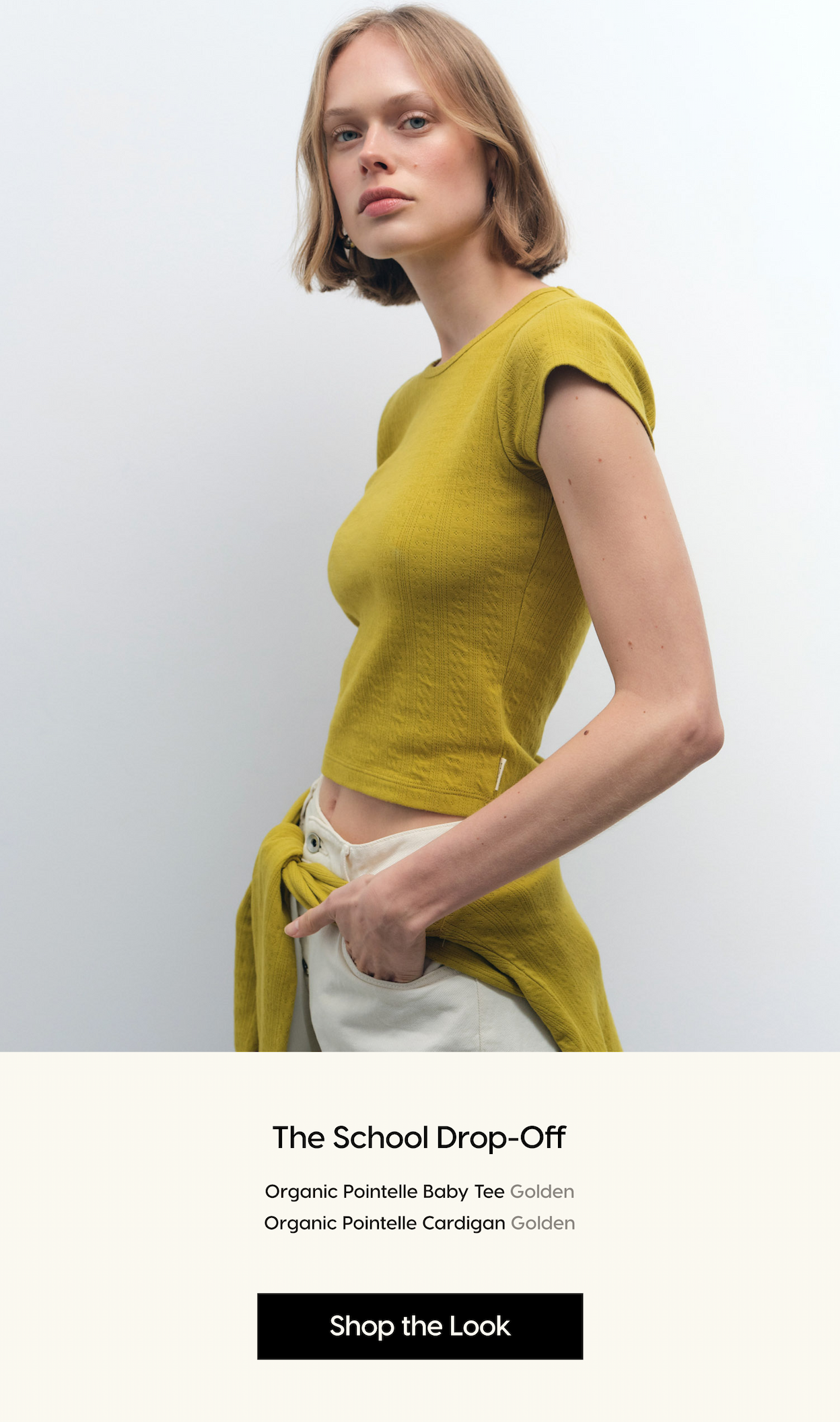 The School Drop-Off. Organic Pointelle Baby Tee Golden Organic Pointelle Cardigan Golden. Shop the look.