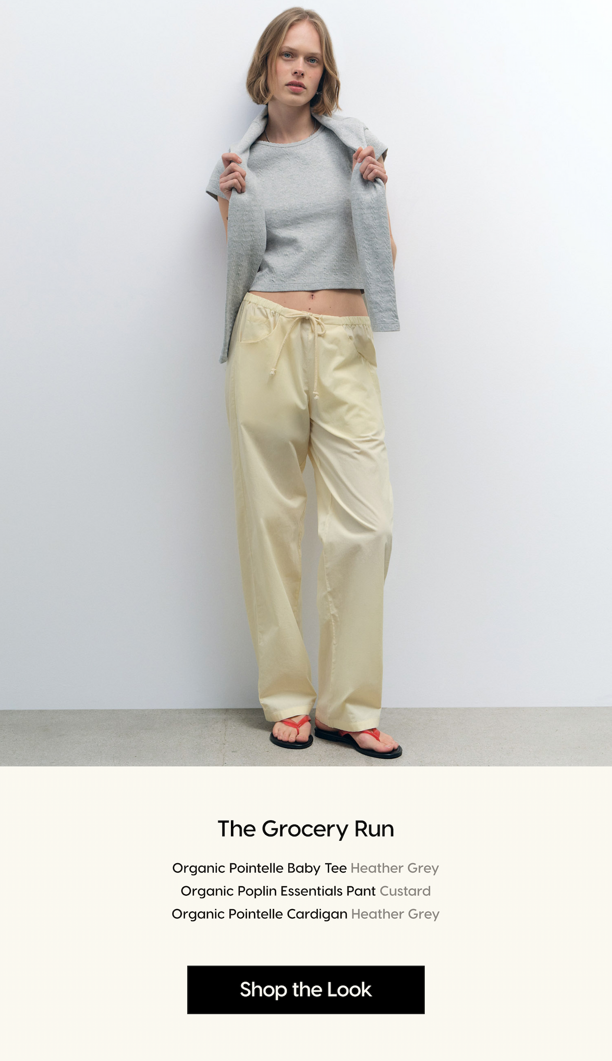 The Grocery Run. Organic Pointelle Baby Tee Heather Grey Organic Poplin Essentials Pant Custard Organic Pointelle Cardigan Heather Grey. Shop the Look.
