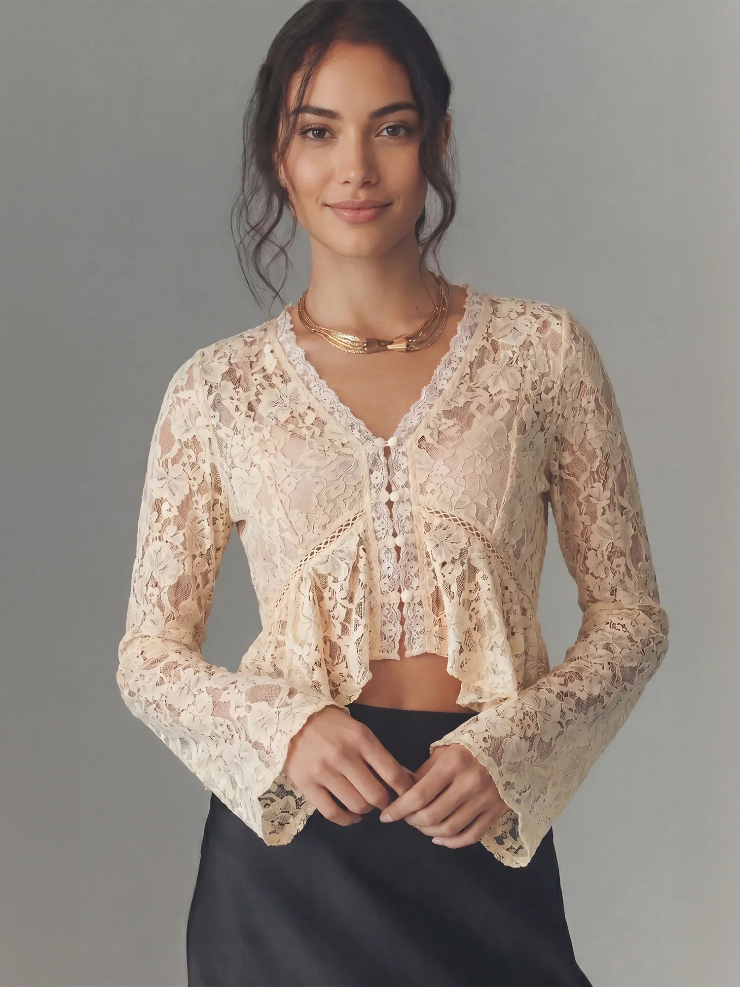 Image of Bohemian Lace Peplum Deep V Tie Front Top
