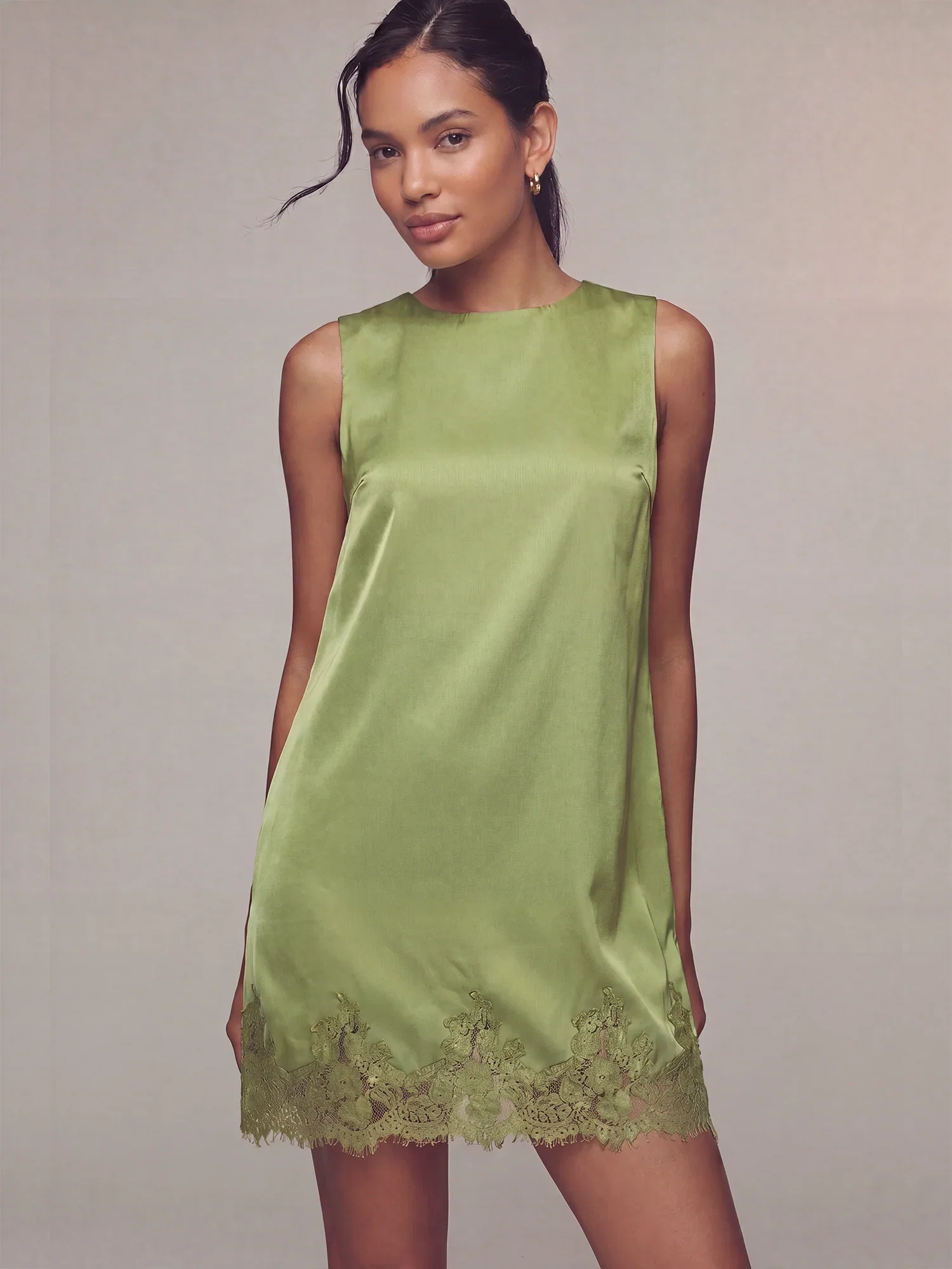 Image of Round Neck Sleeveless Lace Detail Satin Shift Dress