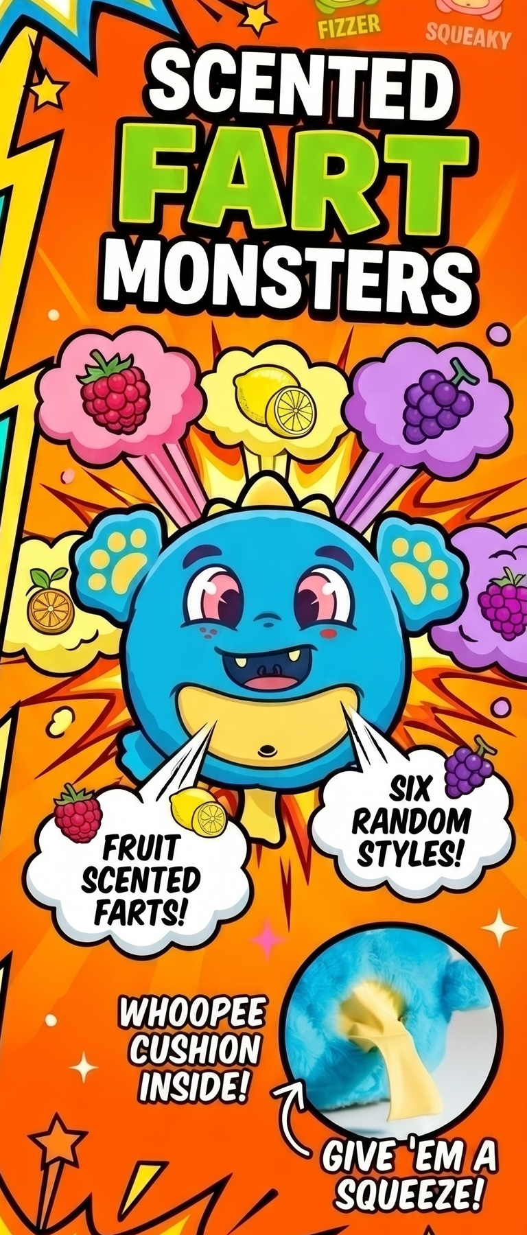 Scented Fart Monsters squishy figures - Six random styles! Fruit scented farts! Whoopee cushion inside! Give 'em a squeeze!