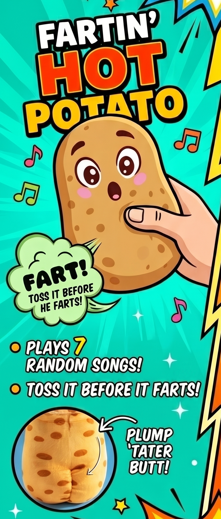 Fartin' Hot Potato plush toy - Plays 7 random songs! Toss it before it farts! Plump 'tater butt!