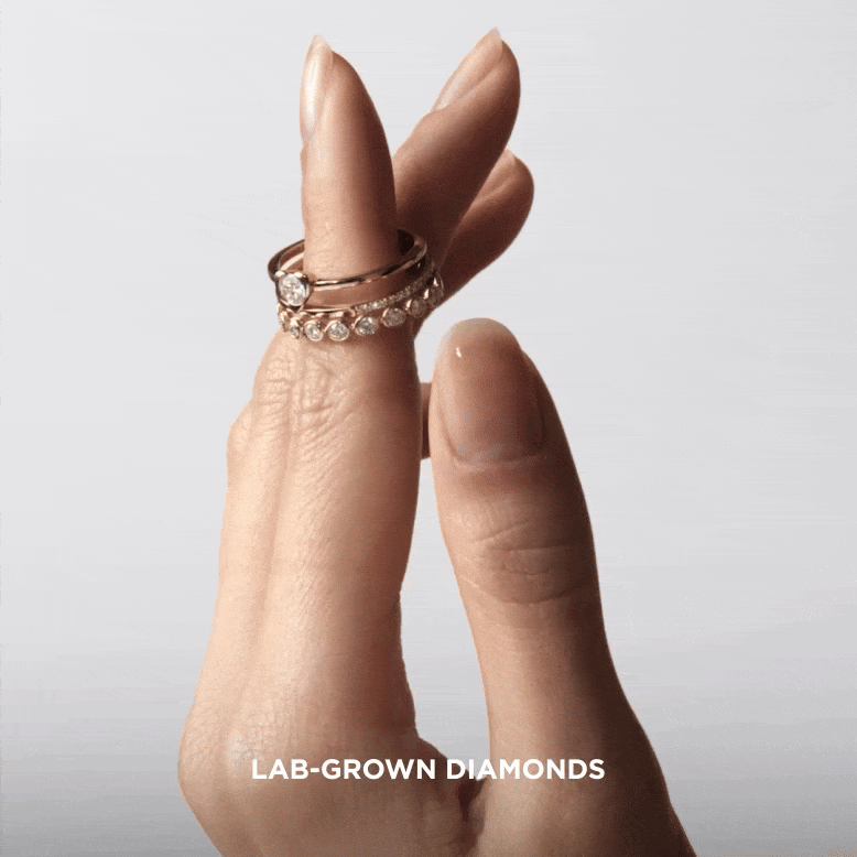 A stack of lab-grown diamond rings rotates to catch the light