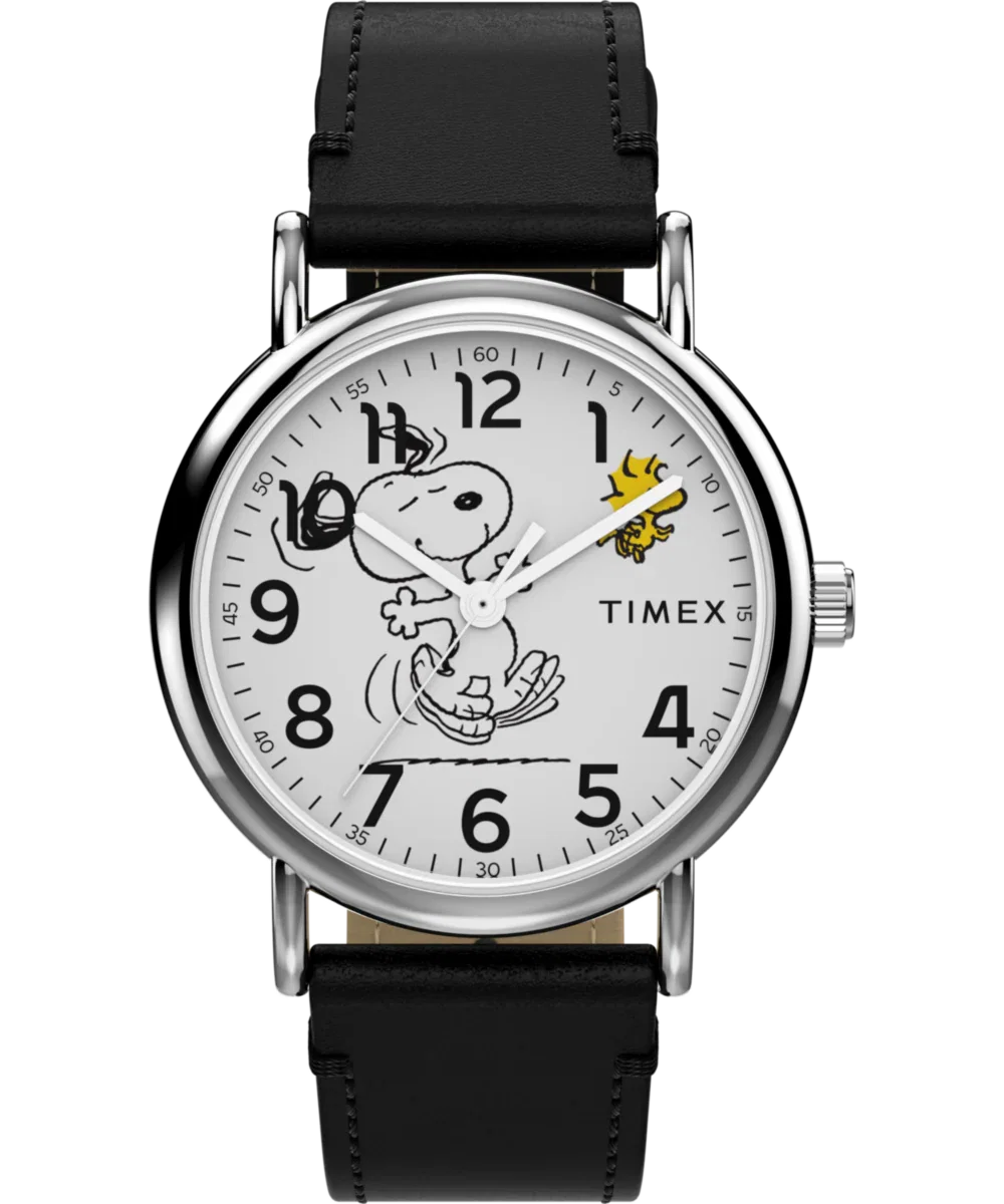 Image of Peanuts® x Timex Weekender Snoopy Dancing 38mm Leather Strap Watch
