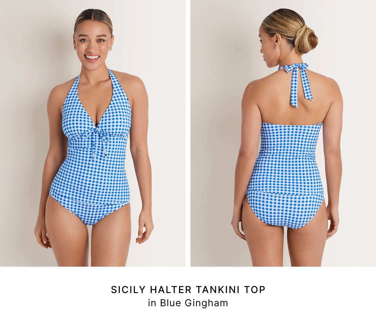 Sicily Halter Tankini Top in Blue Gingham