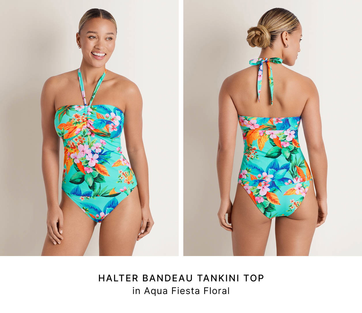 Halter Bandeau Tankini Top in Aqua Fiesta Floral
