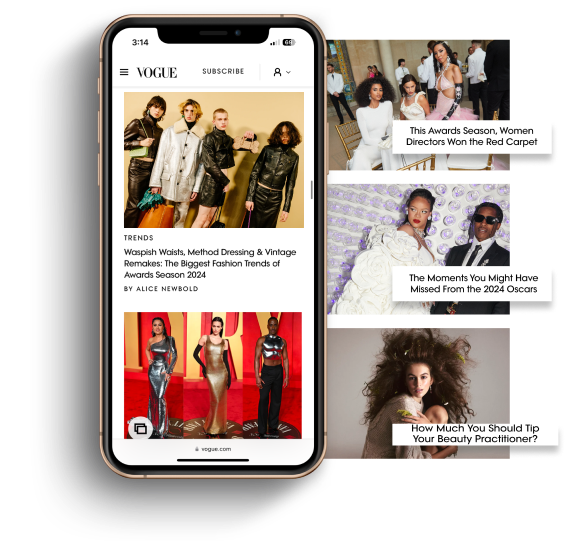 Phone displaying Vogue content.
